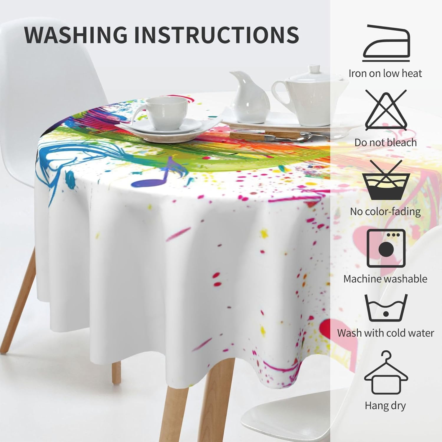Colorful Music Notes Print Wrinkle Free Dining Table Cover for Birthday Party Farmhouse Tablecloths Up to 60 x 60 Inches