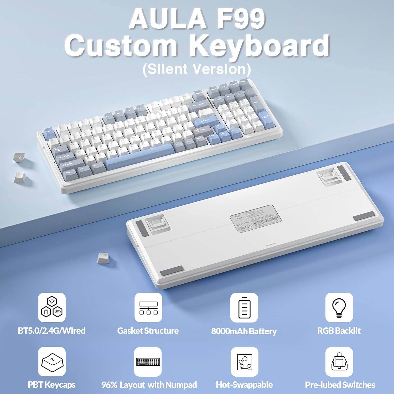AULA F99 Wireless Mechanical Keyboard-Silent Version,Triple-Mode(BT5.0/2.4GHz/USB-C),Gasket Mounted,Hot Swappable Keyboard with Pre-lubed Linear Switches,RGB Backlit PC Gaming Keyboards for Win/Mac Blue Grey White
