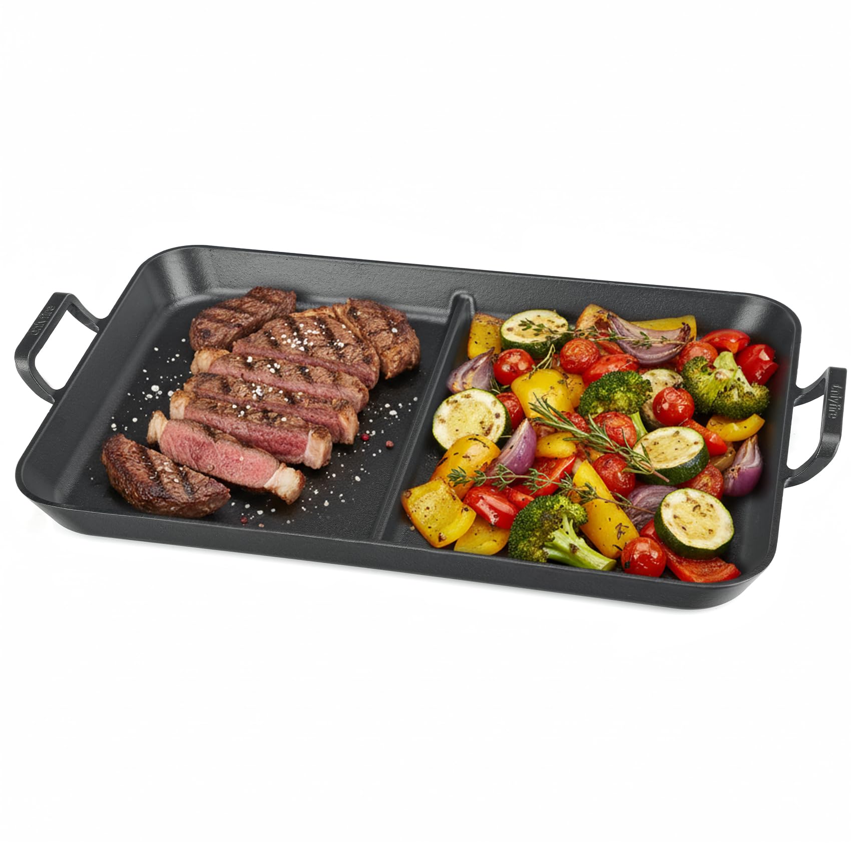 Onlyfire Plancha de Hierro Fundido para Inducción y Gas | 52x34cm Plancha con Revestimiento Antiadherente | Parrilla para Reuniones Familiares | Doble Zona, Ideal para Cocinar Carne y Verdura