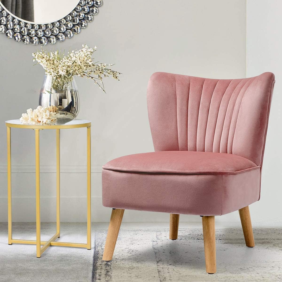 LUARANE Armless Velvet Accent Chair, Modern Leisure Chair with Curved Backrest Thick Sponge Cushion Wood Legs, Small Upholstered Wingback Sofa Chair for Bedroom Living Room (1, Pink)