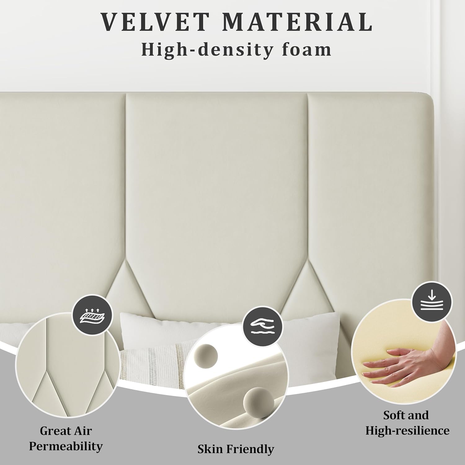 Full Bed Frame, Padded Platform Bed Frame with Velvet Headboard, Vertical Quilted Design, Sturdy Slatted Mattress Base, No Spring Mattress Required, Easy to Assemble, Beige