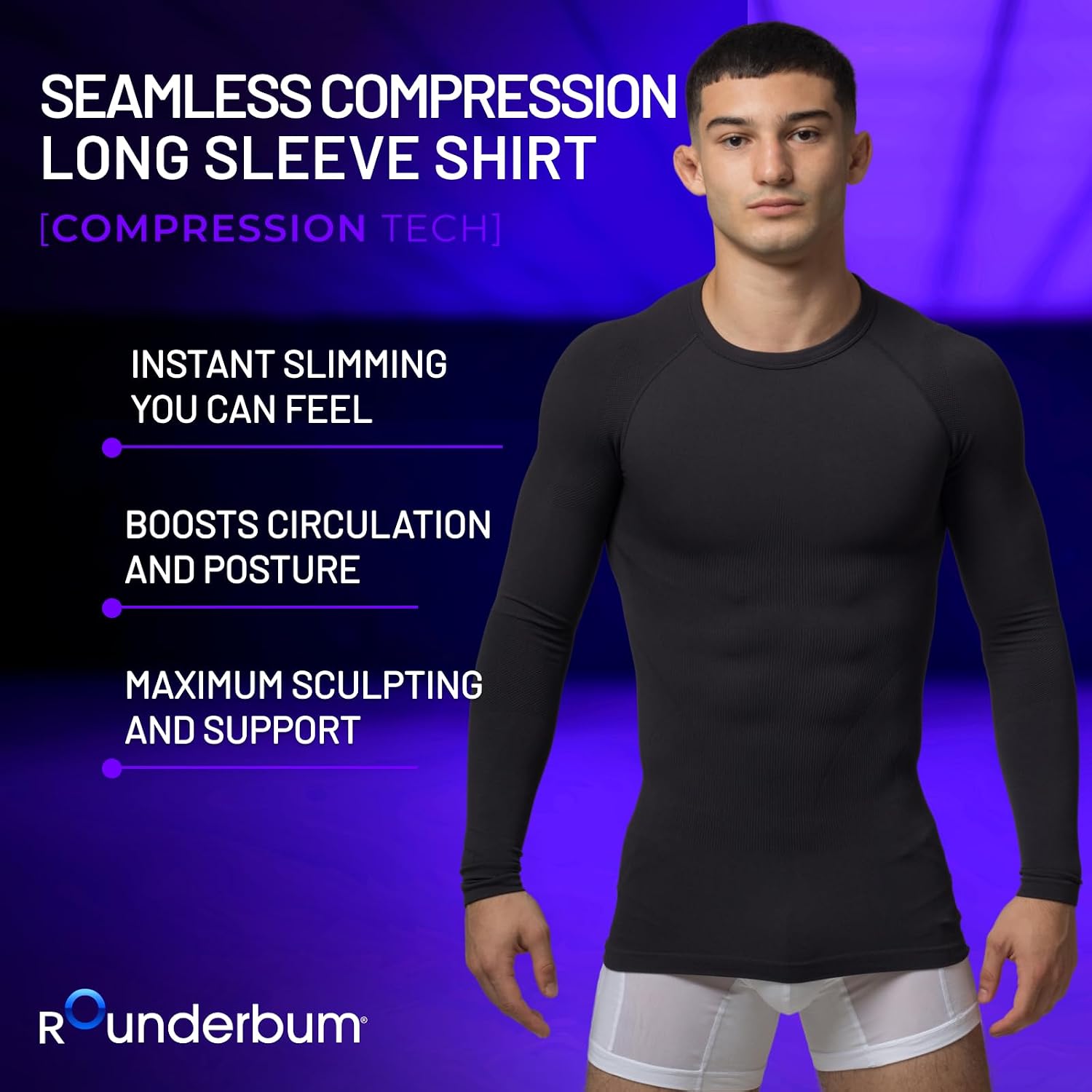 Rounderbum Men’s Compression Tech Long Sleeve Shirt – Seamless Posture Support & Core Shaping Base Layer, 2 Colors