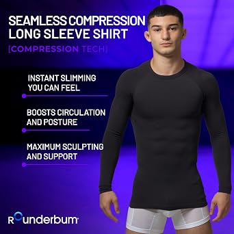 Rounderbum Mens Compression Tech Long Sleeve Shirt Seamless Posture Support & Core Shaping Base Layer, 2 Colors