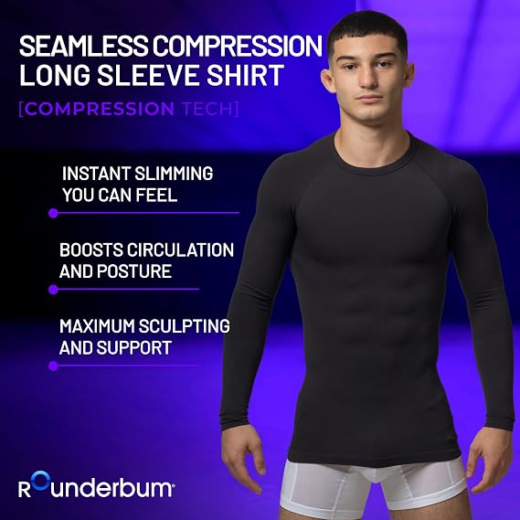 Rounderbum Mens Compression Tech Long Sleeve Shirt Seamless Posture Support & Core Shaping Base Layer, 2 Colors