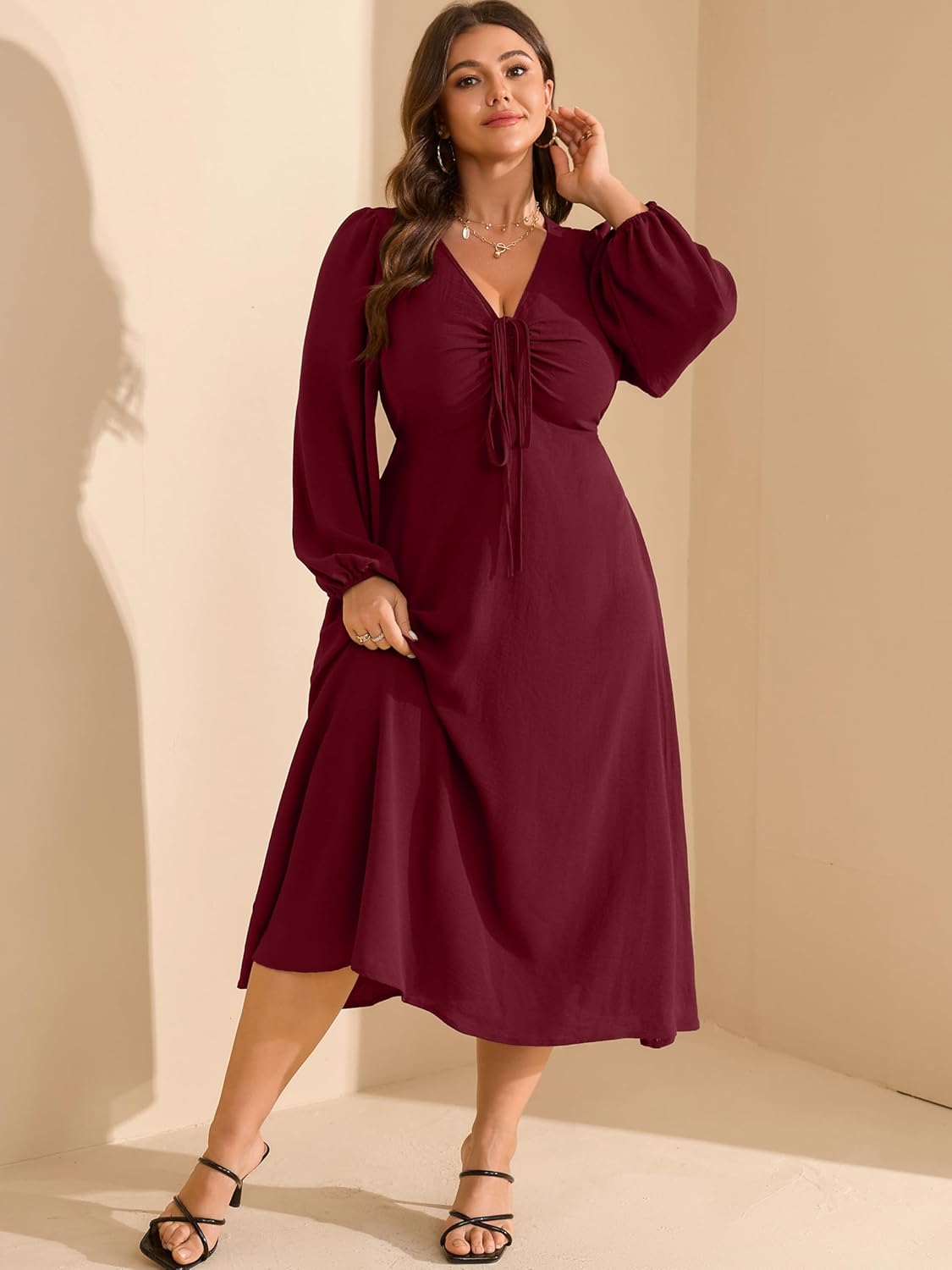 RWJ Fall Wedding Guest Dresses for Women Plus Size V Neck Long Sleeve Tie Front Cocktail Maxi Dress with Pockets - Image 4