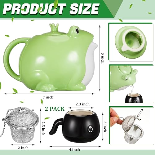 Miniatura 2 de FoldTier Lindo juego de té japonés de rana, tetera de 30 onzas, de cerámica, con 2 tazas de té de 5 onzas y 1 filtro, lindo juego de servicio de té,