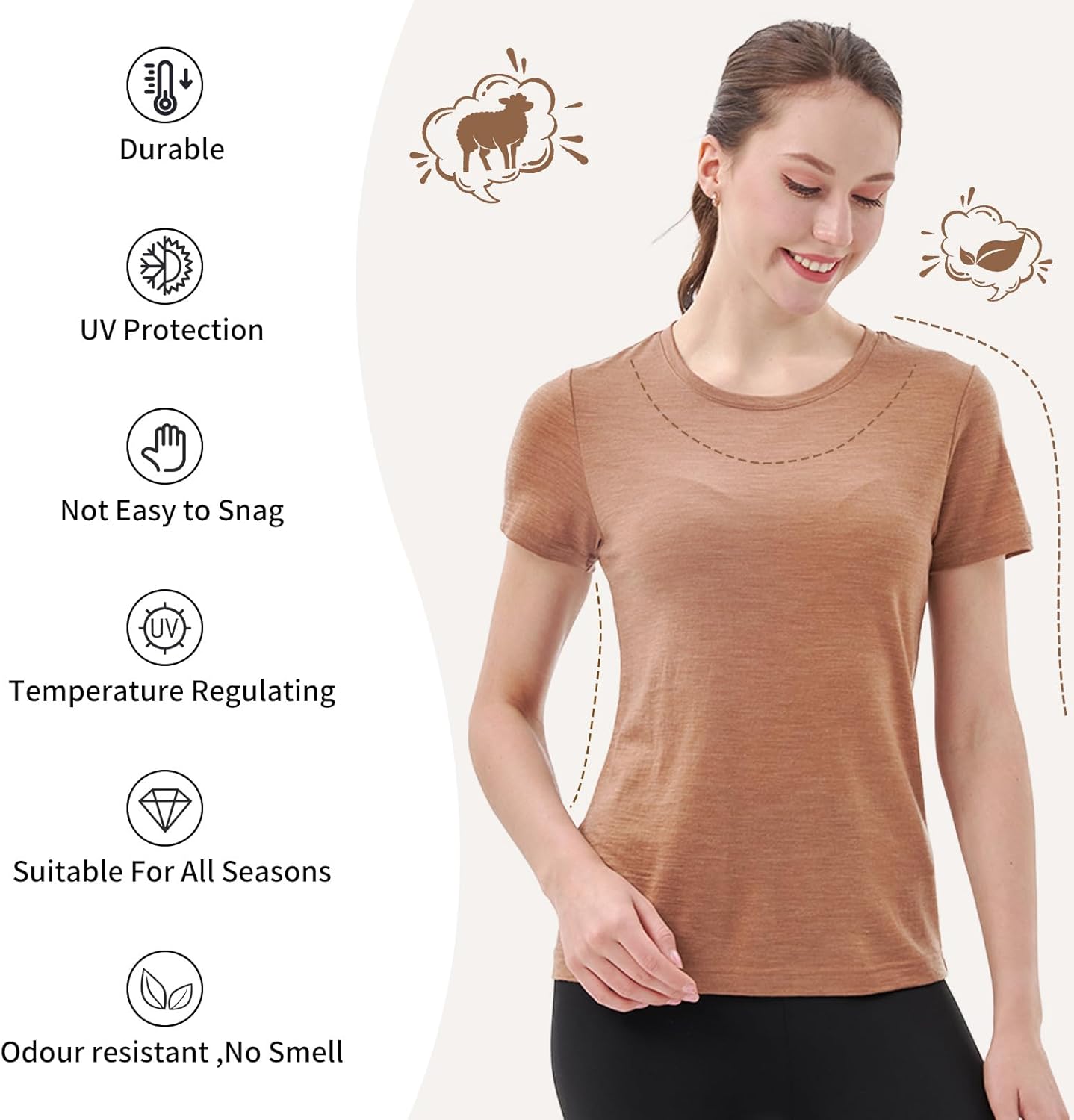 Merino Protect 100% Merino Wool T Shirts Women Crew Neck Tops Short Sleeve Odor Resistance Base Layer Travel Hiking Tee Shirt - Image 3