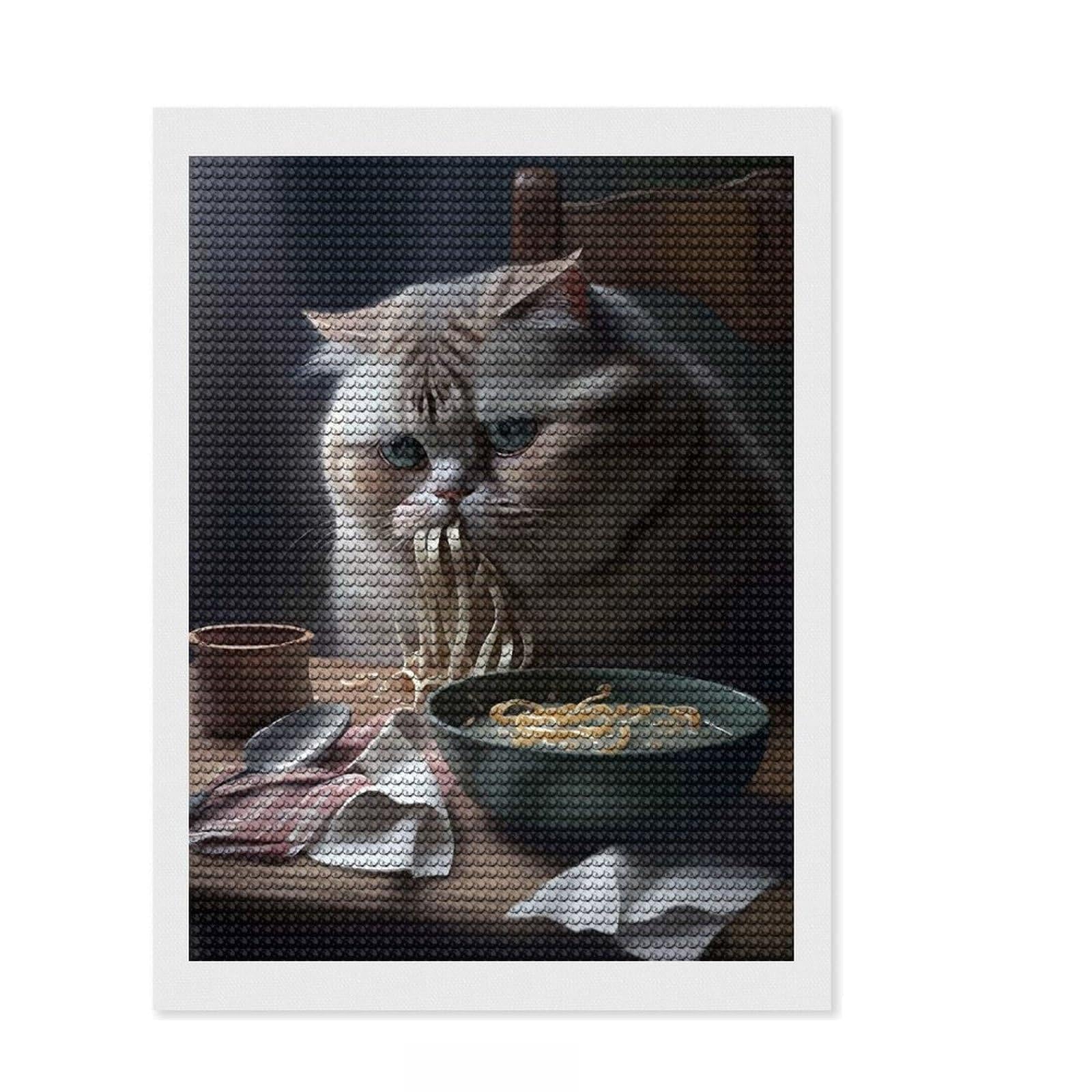 Junmoney Cat Eating Noodles Diamond Painting Kit 12"x16", for Family Craft Time, Boho Decor, Calming Craft to Unwind, Birthday Gift