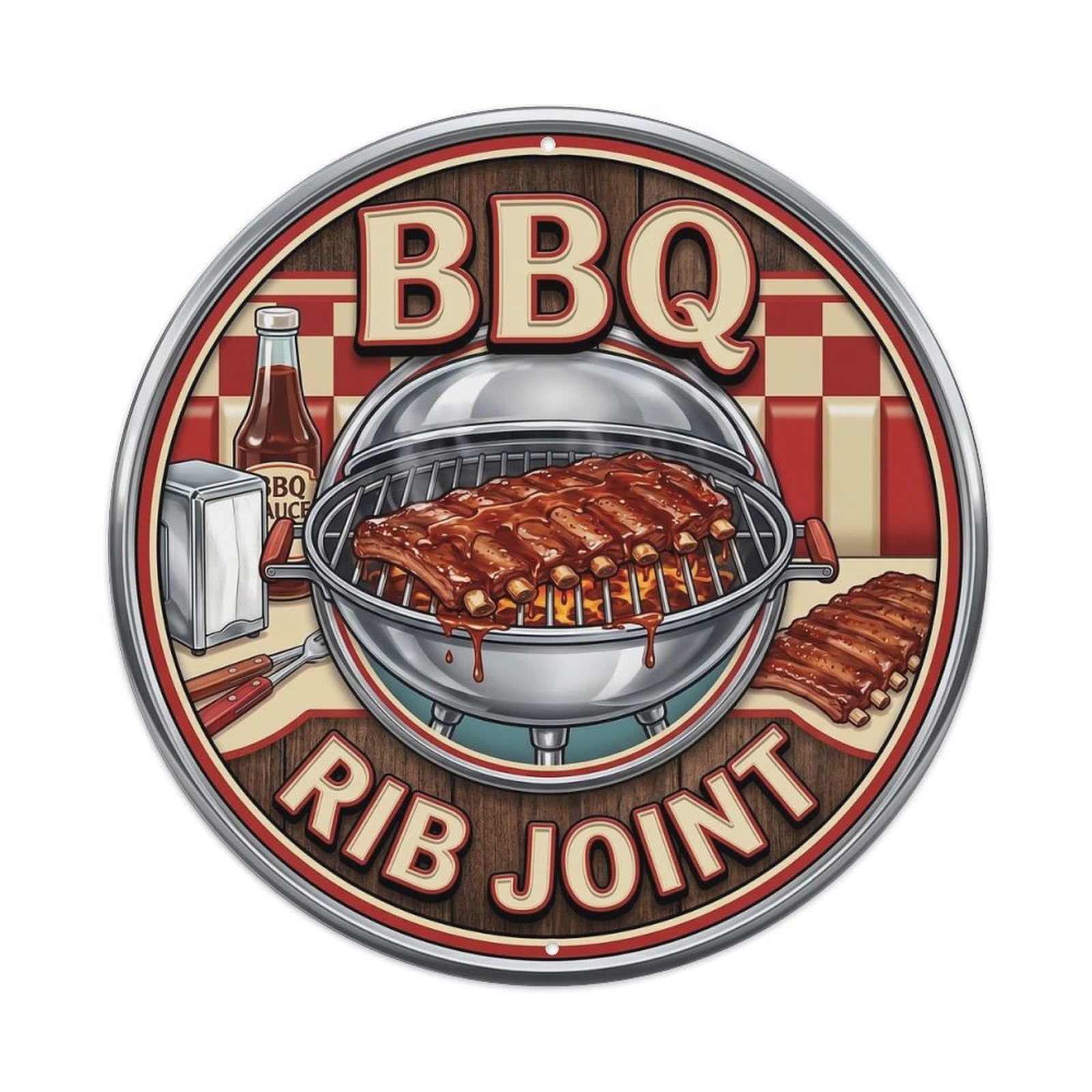 BBQ Barbecue Rib Joint Vintage Metal Tin Sign Plaque Wall Decor for Cafe, Club, Garden Round Metal Poster 8x8Inch