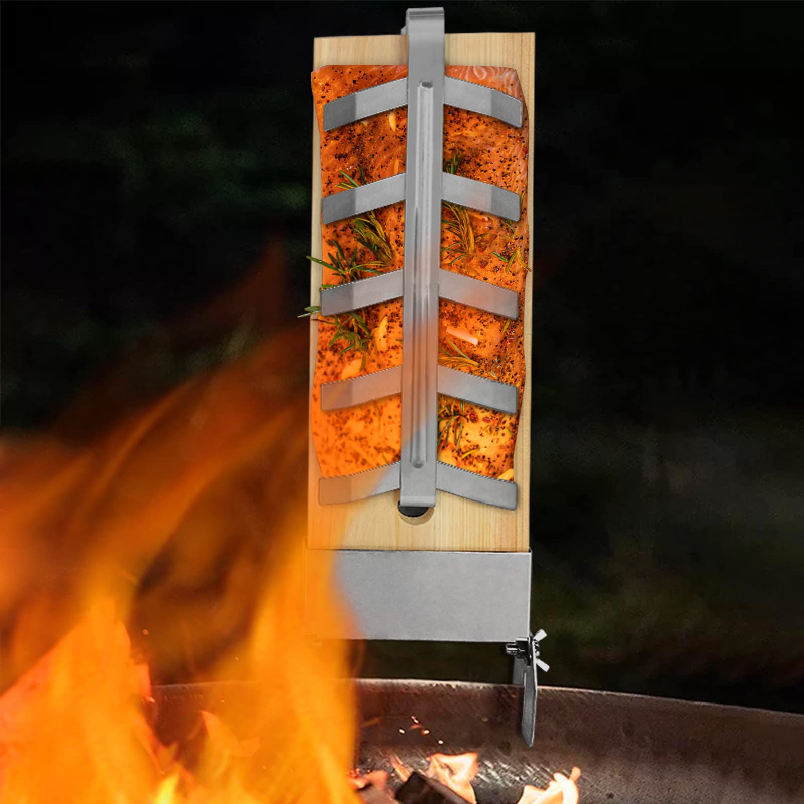4X Planche à Saumon Flammé en Hêtre avec Support pour Griller Planche en Bois de Cèdre 5 Niveaux réglable pour Brasero, Grill