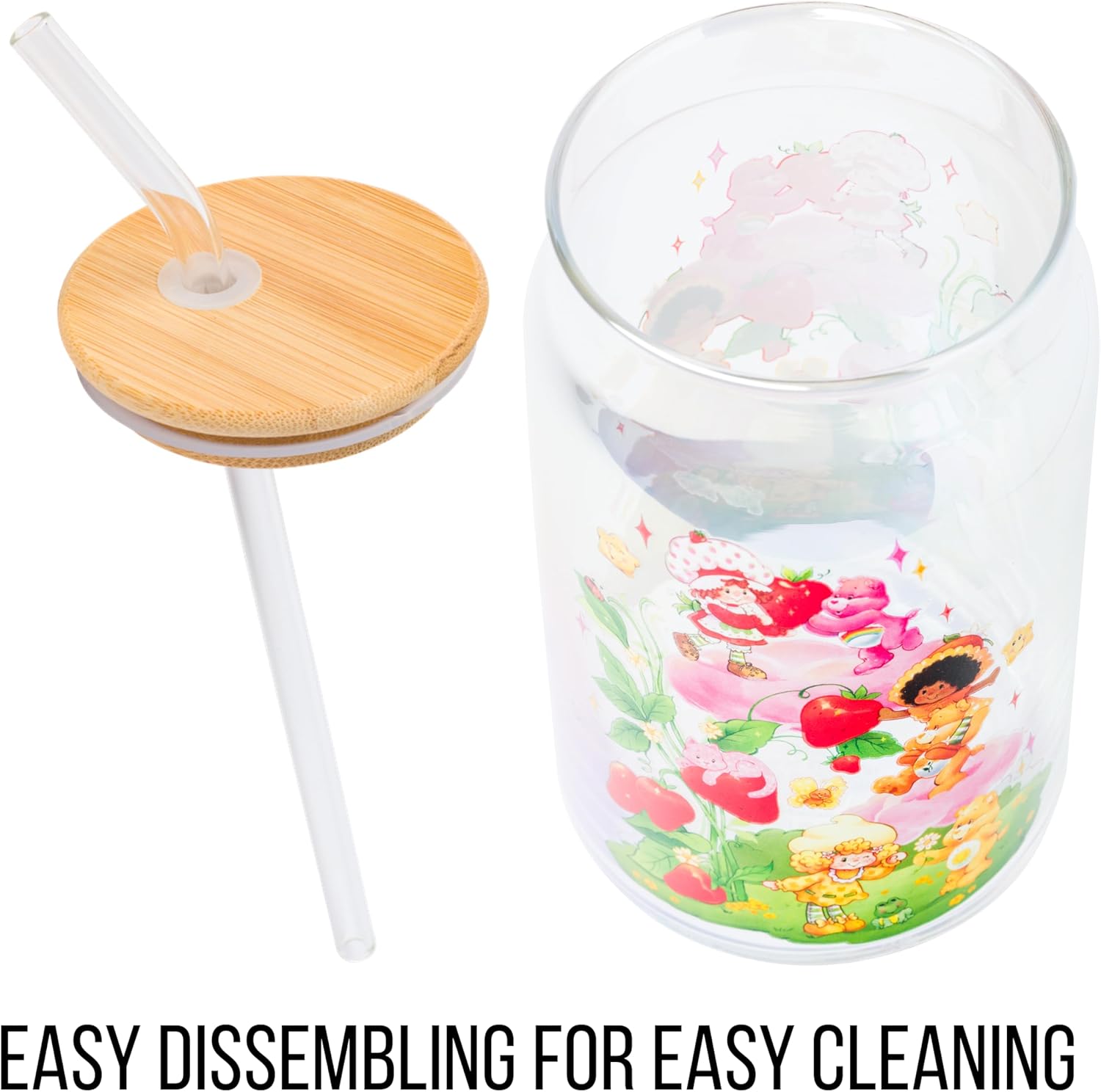 Silver Buffalo Care Bears and Strawberry Shortcake Featuring Orange Blossom, Lemon Meringue, Cheer, Friend, and Funshine Bear Glass Jar Tumbler with Bamboo Lid and Glass Straw, 16 Ounces - Image 6