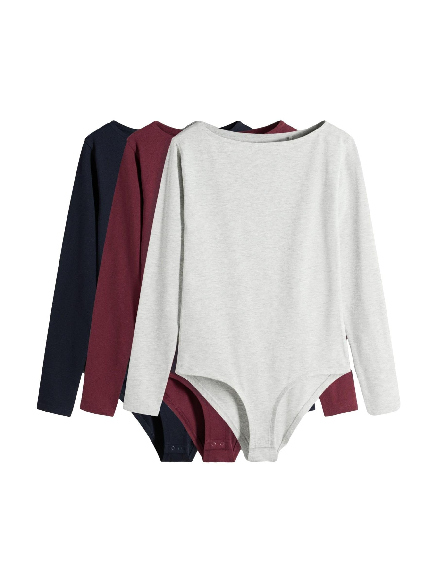 THE SET Donne Confezione da 3 body a maniche lunghe | Adulto, Standard, Button, Lavabile in lavatrice