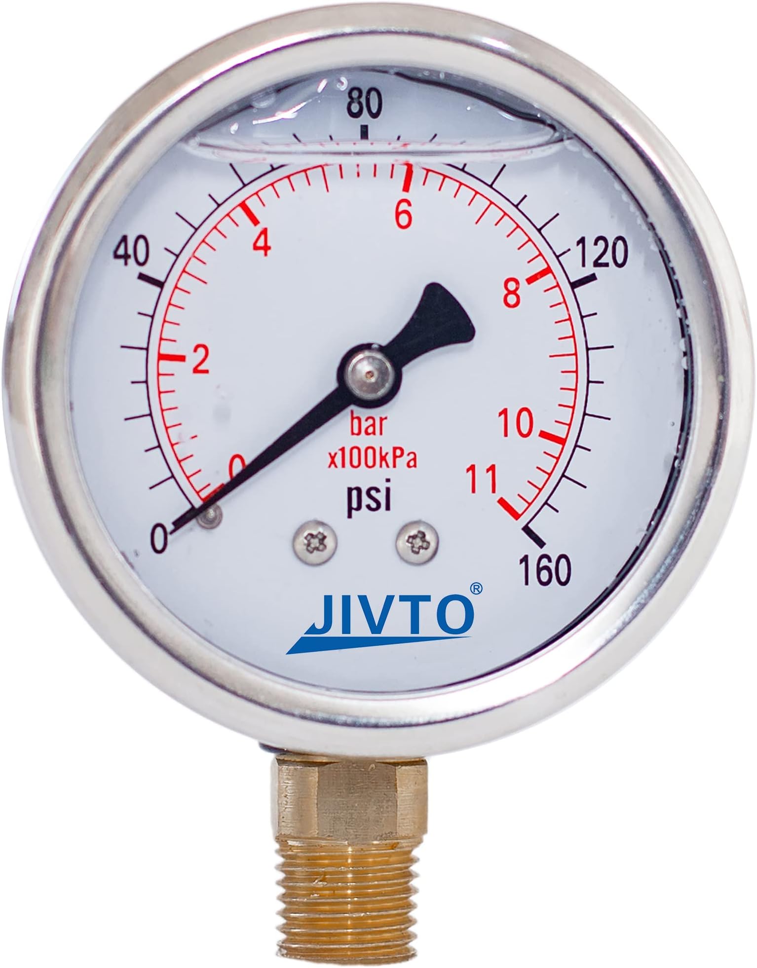 Pressure Gauge,Glycerin Liquid Filled,2" Dual Scale Dia,0-160 psi/bar/kpa,1/4" NPT Brass Connection,Lower Mount, Stainless Steel Case,for Air Compressor,Pump,Tube,Valve,Gas Air Water Oil Test