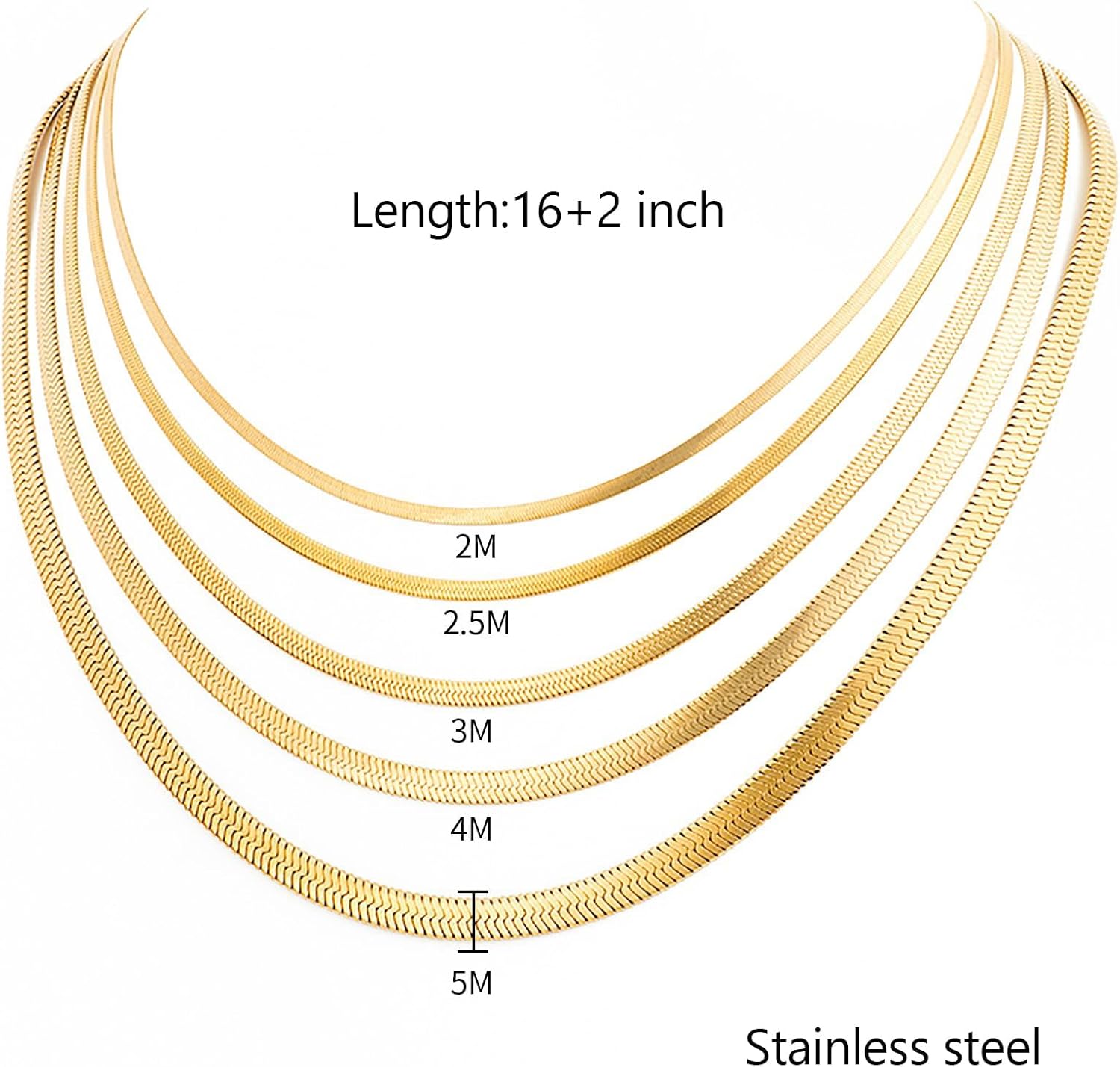Herringbone Choker Necklace for Women 18k Real Gold Plated Stainless Steel Flat Necklace Layered Snake Chain Herringbone Jewelry Gift 2/2.5/3/4/5 MM