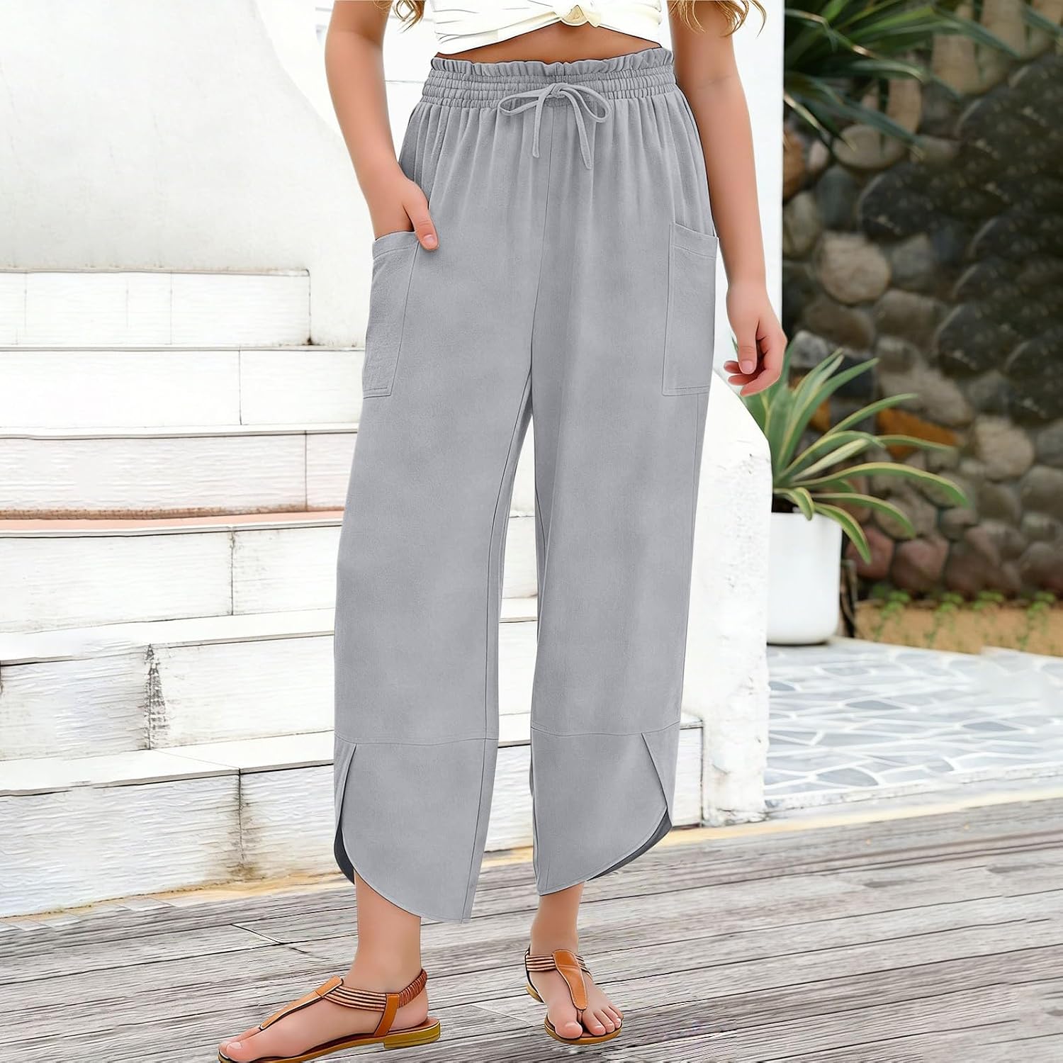 Girl's Wide Leg Pants Kids Elastic Waist Lightweight Joggers Drawstring Casual Flowy Sweat Pants 5 to 14 Years