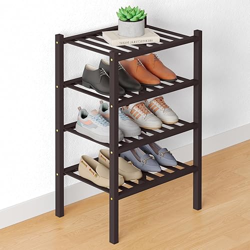Miniatura 54 de Smiry Zapatero de bambú para clóset, organizador de zapatos apilable de 4 niveles largo de madera, estante de almacenamiento de zapatos Negro