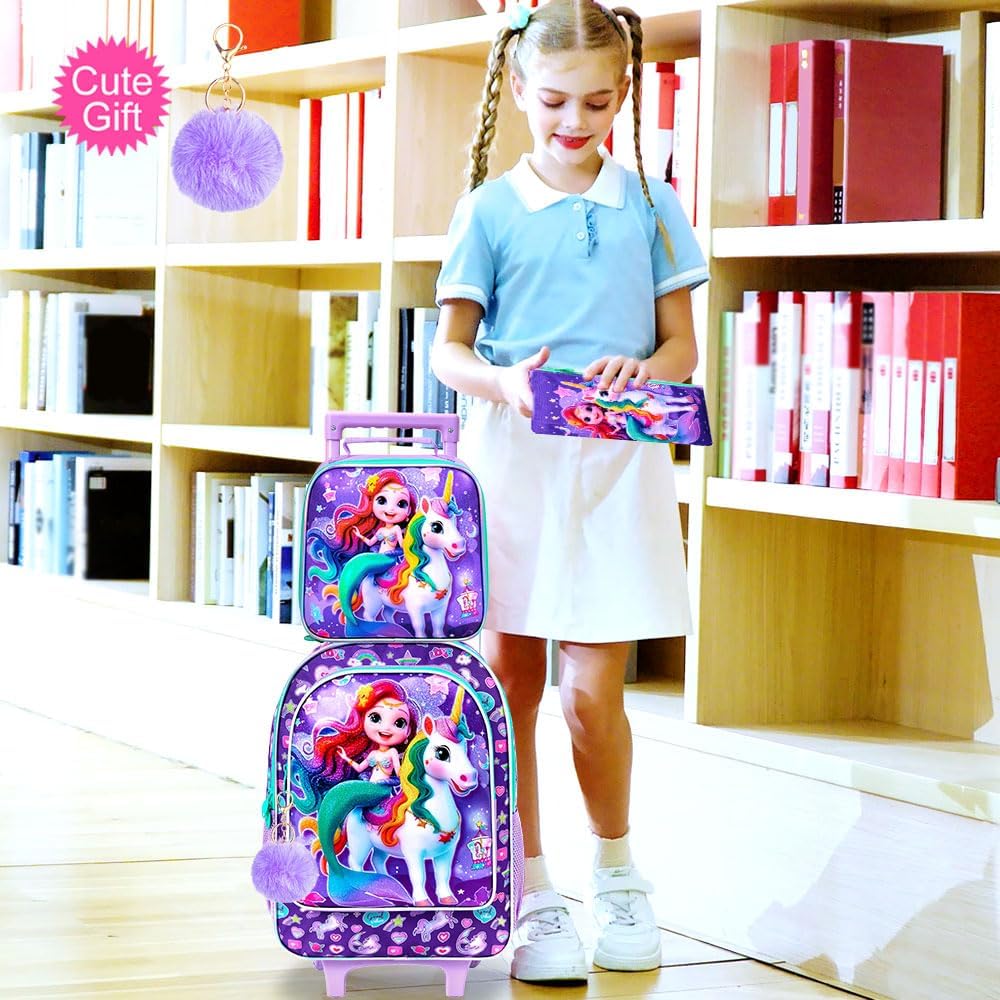 3Pcs Rolling Backpack for Girls, Kids Unicorn Roller Bookbag with Wheels, Wheeled School Bag Set for Elementary (Purple) - Image 2