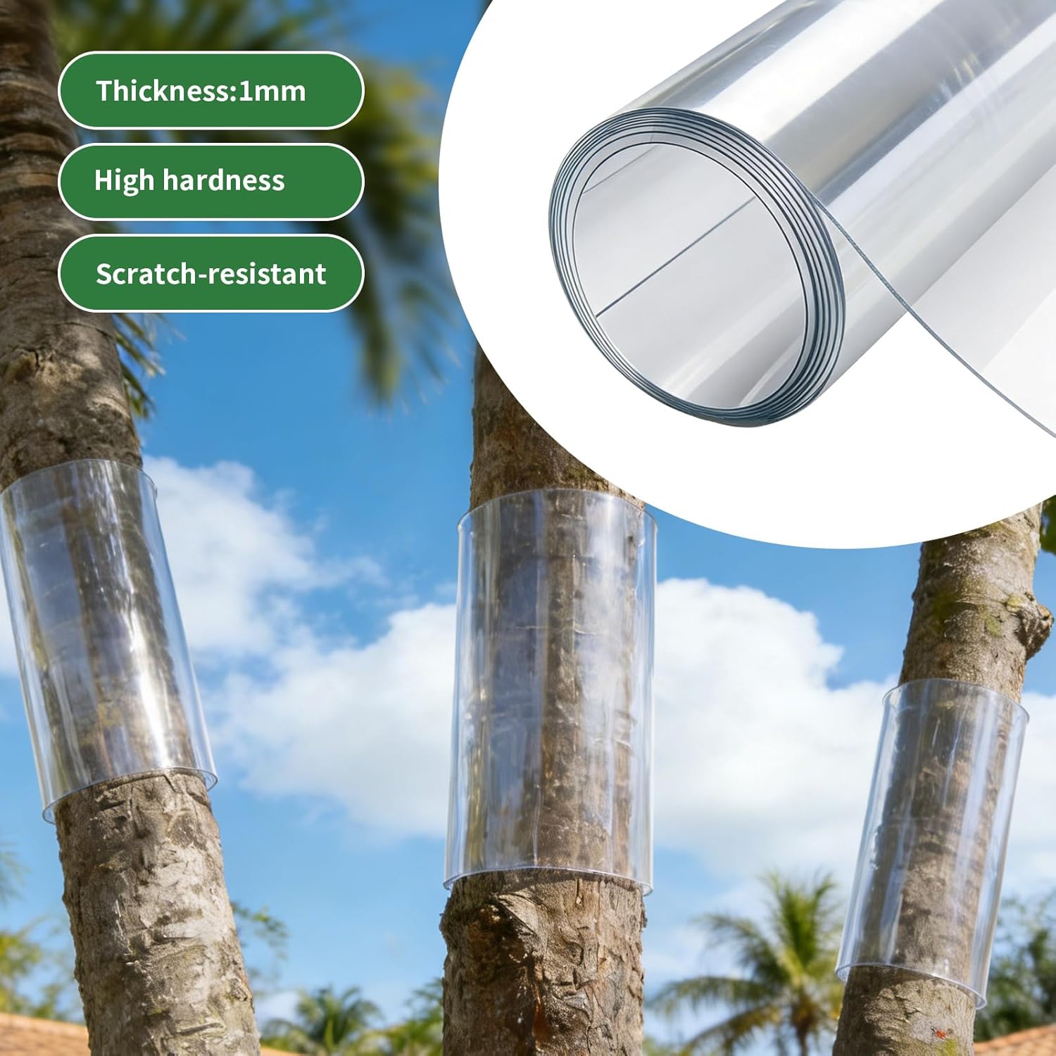 Transparent PVC Tree Trunk Protector Wrap - Self-Adhesive Bark Guard to Prevent Climbing from Iguana & Cats, 15.7" W x 78.7" L Roll (2 Adhesive Strips Included)