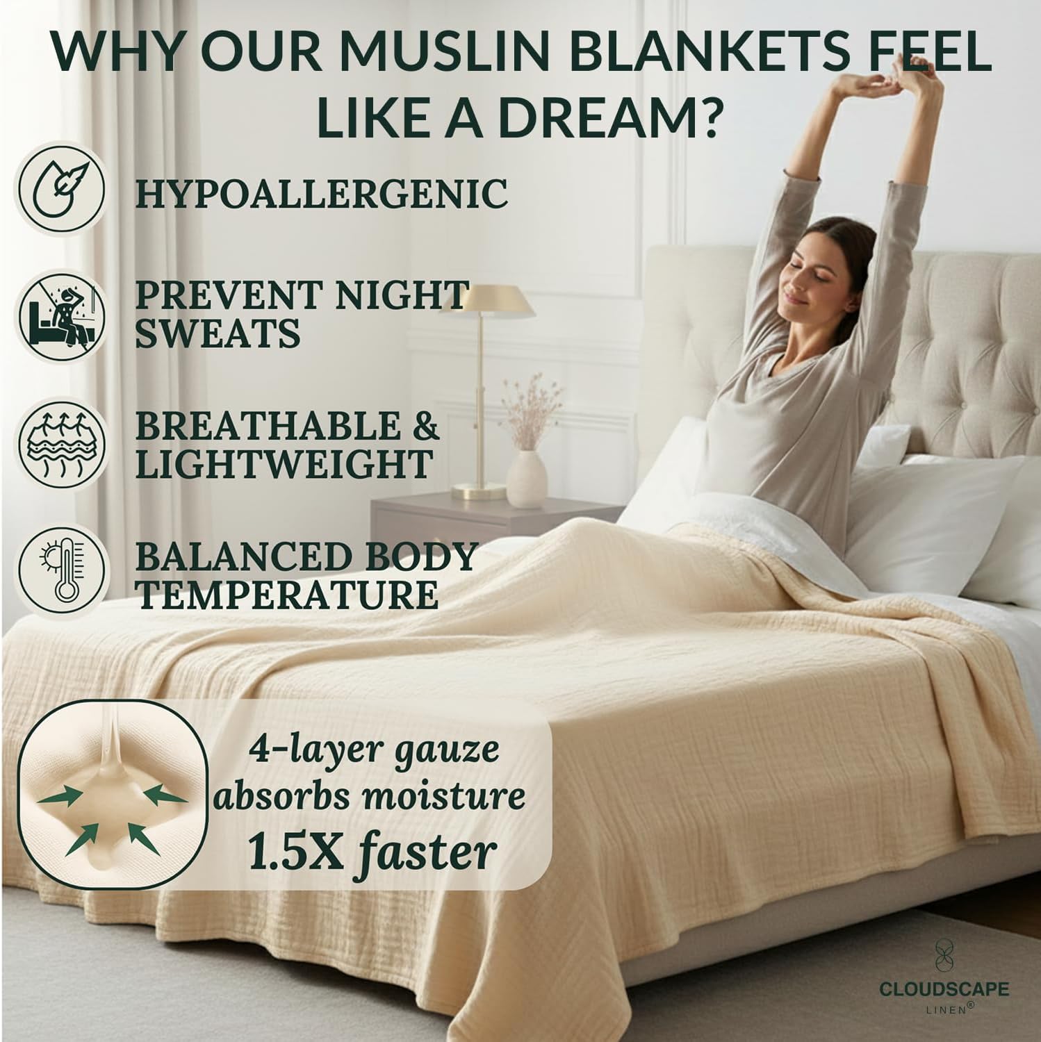 CLOUDSCAPE 4 Layer Muslin Blanket for Adults, 100% Cotton Blanket King Size, 92" x108'' Fits Upto Cal King Bed, All Season, Soft Lightweight, Breathable Layering Cotton Summer Blankets - Ivory