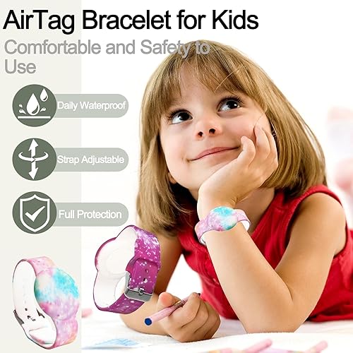 Miniatura 30 de Paquete de 4 pulseras impermeables AirTag para niños, pulsera impresa oculta para Apple AirTag, soporte de silicona AirTag para rastreador