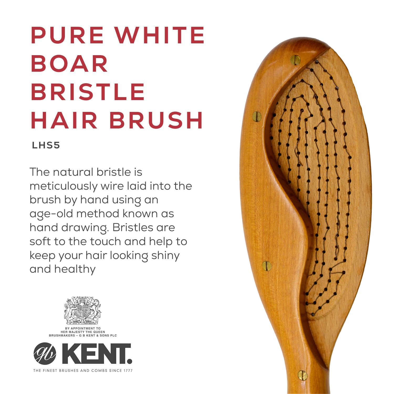 Kent LHS5 Satinwood Wire-Laid Pure White Boar Bristle Oval Hair Brush in an Elegant Presentation Case for Daily Grooming Medium To Long Thick Hair and Promotes Natural Shine. Handmade in England