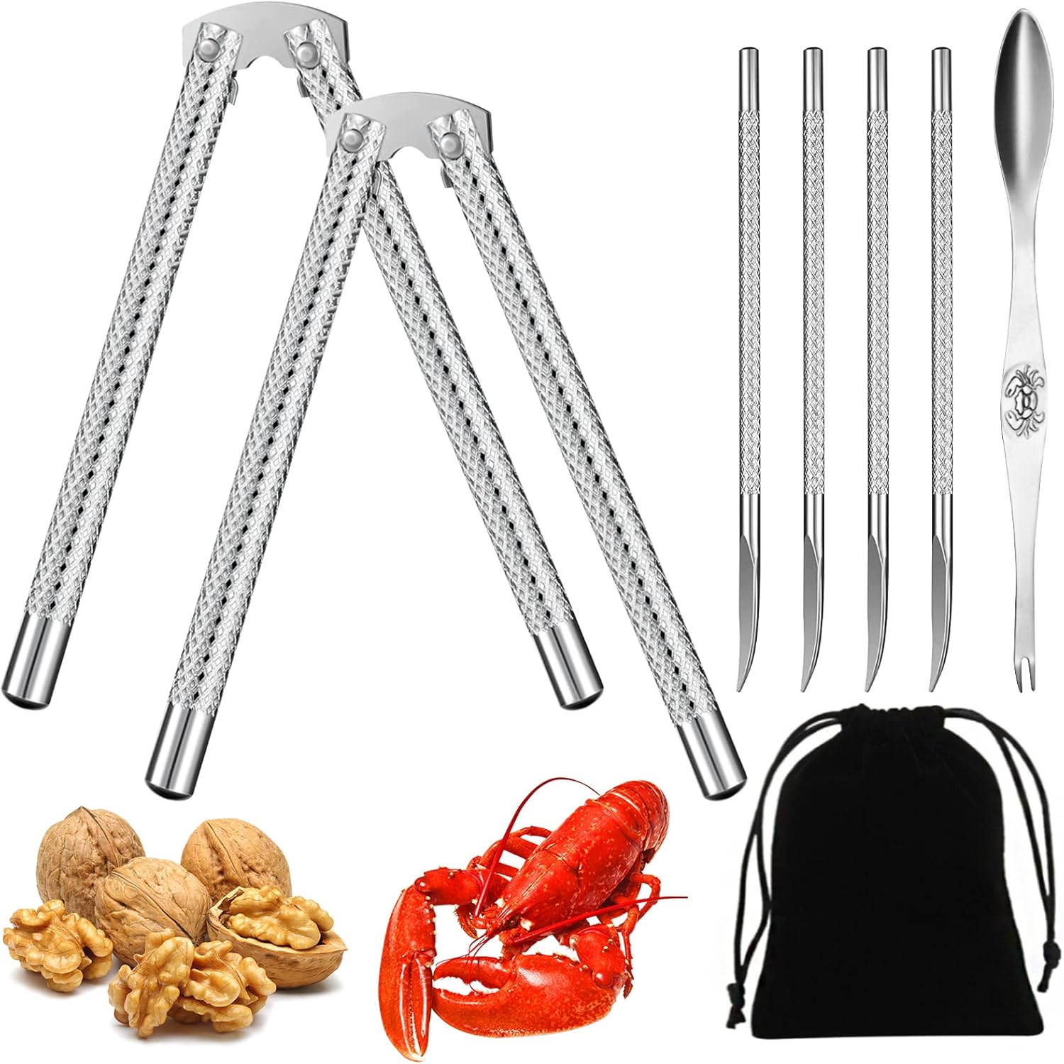 Artcome 8 Pcs Nutcracker Stainless Steel Nut Cracker Set - 2 Nut Cracker, 4 Picks, 1 Wide Crab Fork and 1 Storage Bag: Home & Kitchen