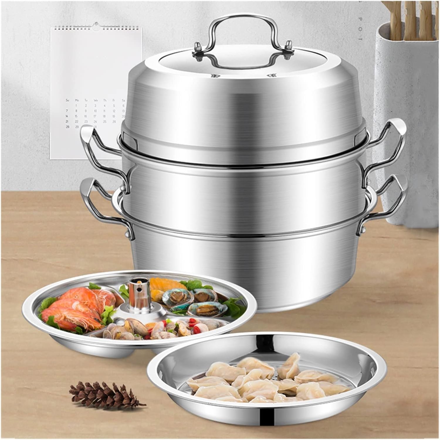Seafood Boil Pot with Divider and Steamer Rack,Multi Tier