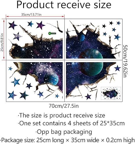Miniatura 6 de Adhesivos decorativos de pared de galaxia espacial 3D, extraíbles y rotos planetas del espacio exterior, calcomanías de vinilo impermeables para