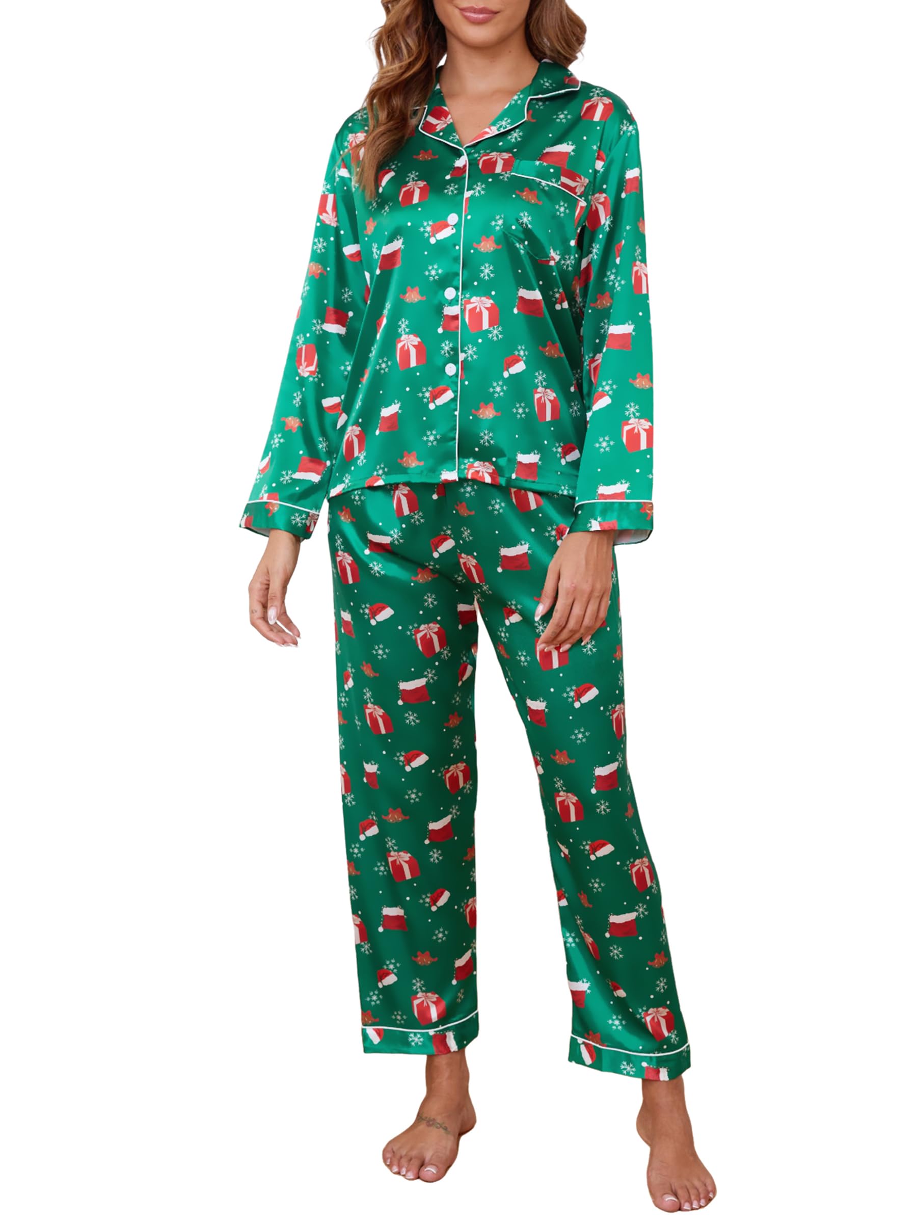 GAESHOW Damen Pyjama Set, 2 Teilig Satin Langarm Schlafanzug, Seide Sleepwear Set für Wohnzimmer Home, Loungewear für alle Jahreszeiten