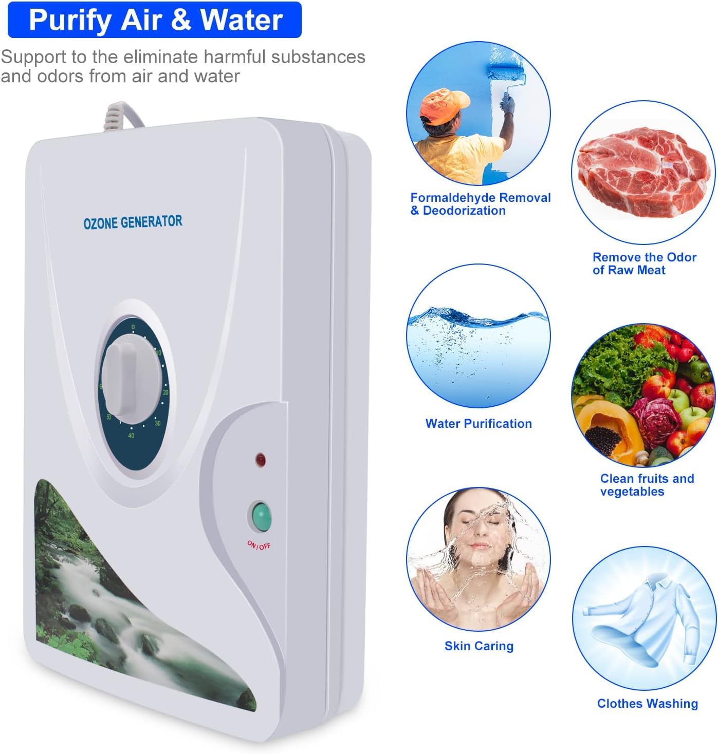 Generador de ozono Multifuncional Purificador de Agua y Aire Esterilizador Limpiador de Agua para Beber Frutas Alimentos Verduras Temporizador de Lavado de Ropa (600mg/h)