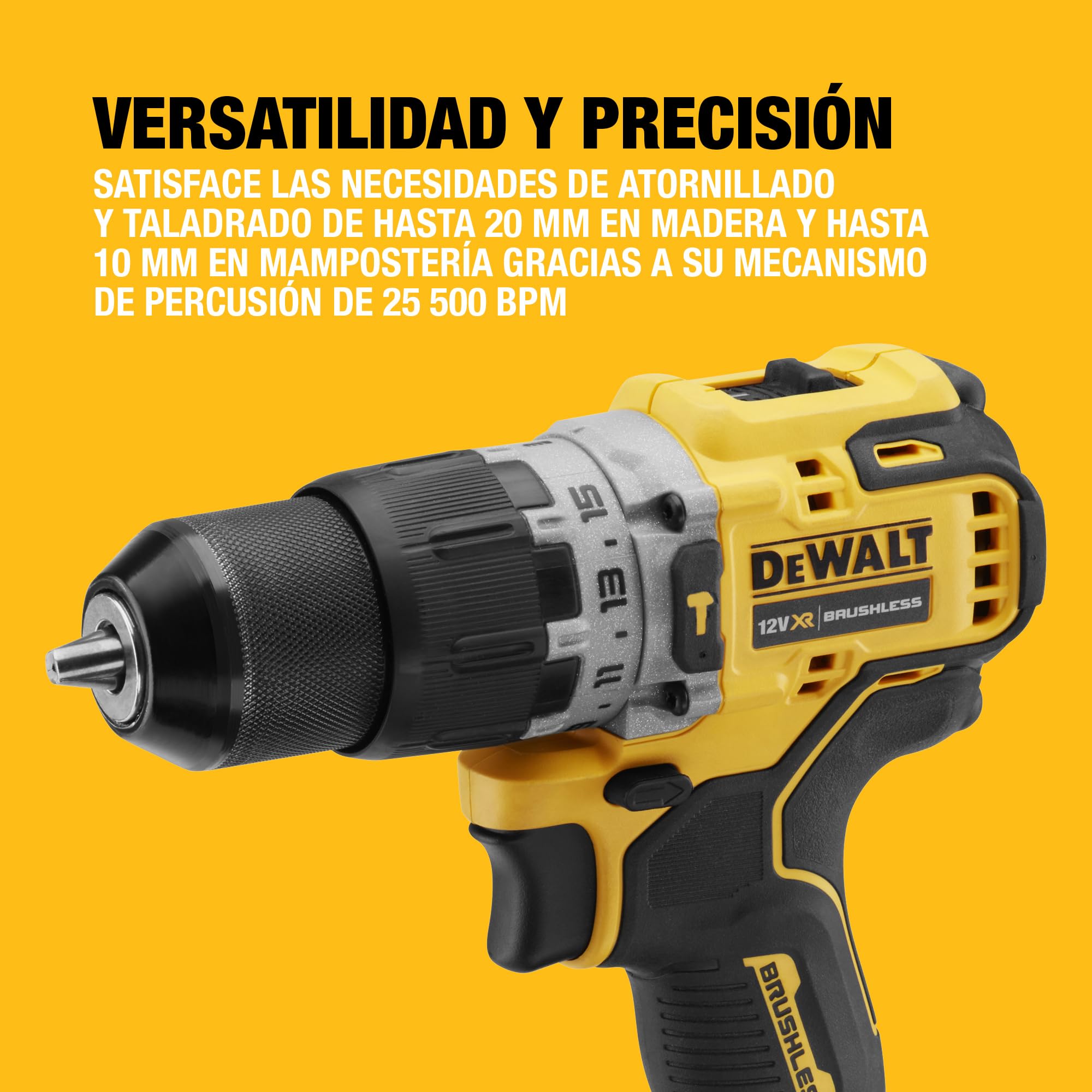 DEWALT Taladro percutor sin escobillas XR 12V con 2 baterías XR Li-Ion de 2Ah y un cargador en caja TSTAK, DCD706D2-QW