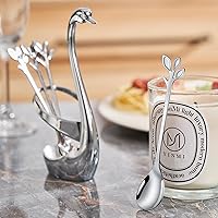 Vista 4 de AnSaw Juego de Portacucharas de Café Pequeñas Plateado, Base de Cisne con Juego de 10 Cucharas Demitasse Espresso, Cuchara de Postre Mini de Hoja
