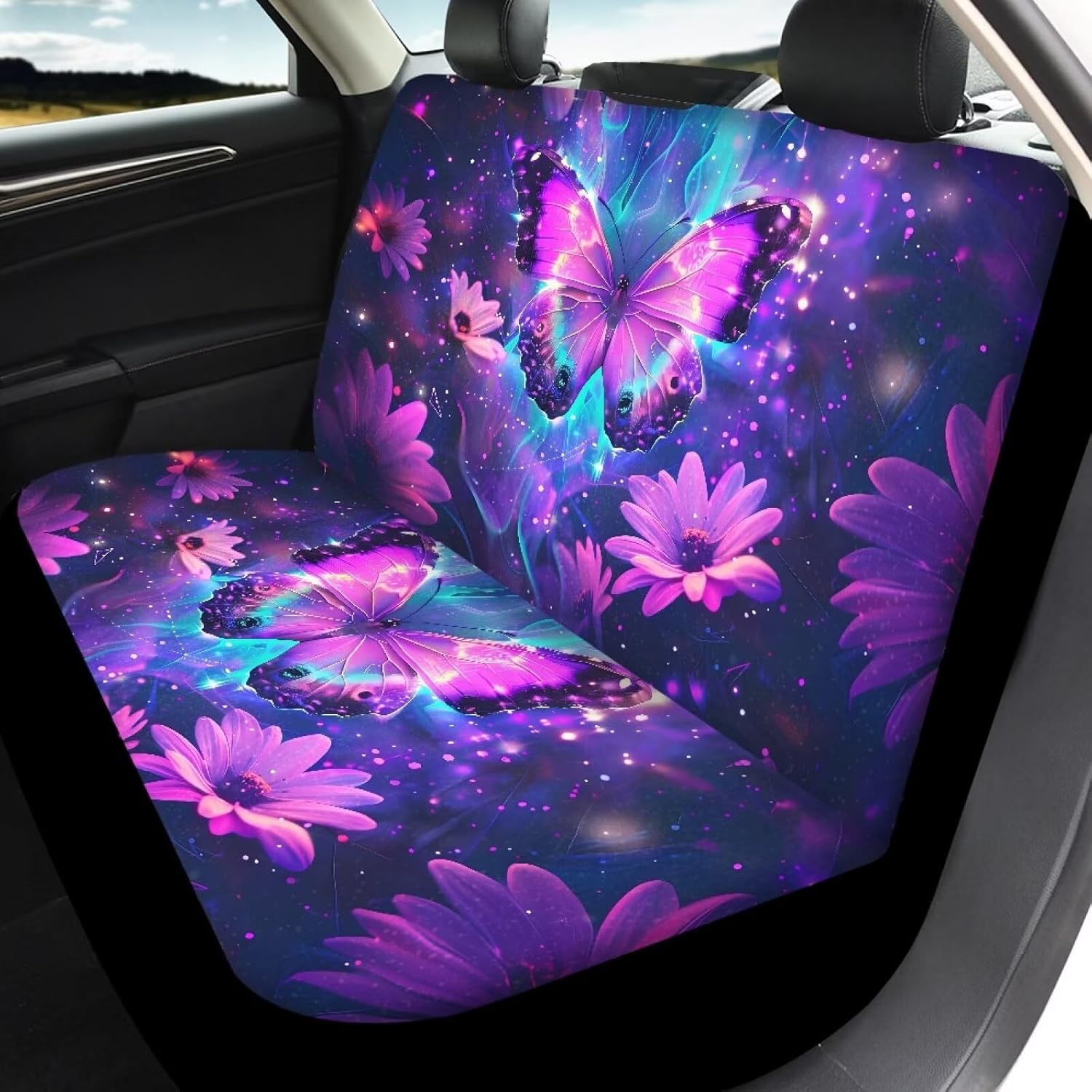 Galaxy Butterfly Car Seat Covers Set Front and Rear Vehicle Seat Covers Washable Elastic Bench Protector 4Pcs Auto Interior Set, Easy to Install