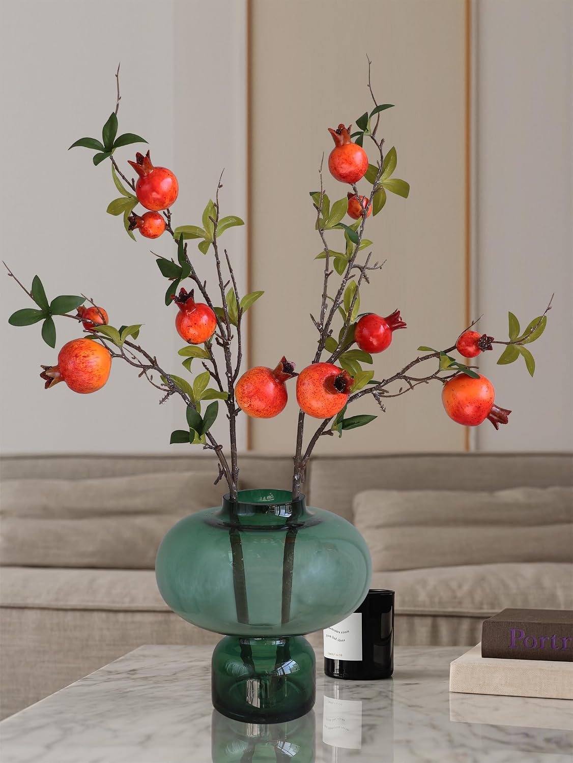 Forlaoers 2pcs Pomegranate Tall Orange Artificial Flowers Faux Holly Berry Fall Stems Branches Fake Fruit for Christmas Tree Filler Home Living Room Vase Table Decorations Centerpieces
