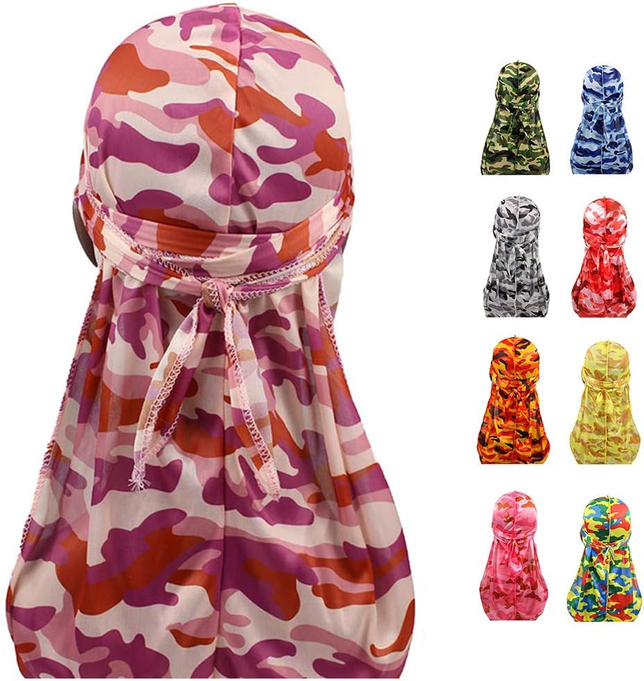 Sejardin Colorful Military Camouflage Waves Long Tail Caps Bandana Turban Silky Durag Headwraps for Men and Women