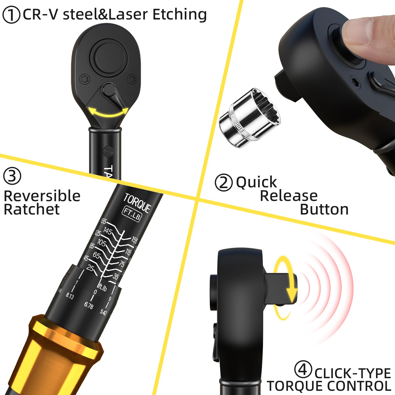 Set di 21 chiavi dinamometriche a scatto da 1/2", 20-220 Nm, precisione ±3%, doppia scala, testa reversibile per auto, pneumatici e moto