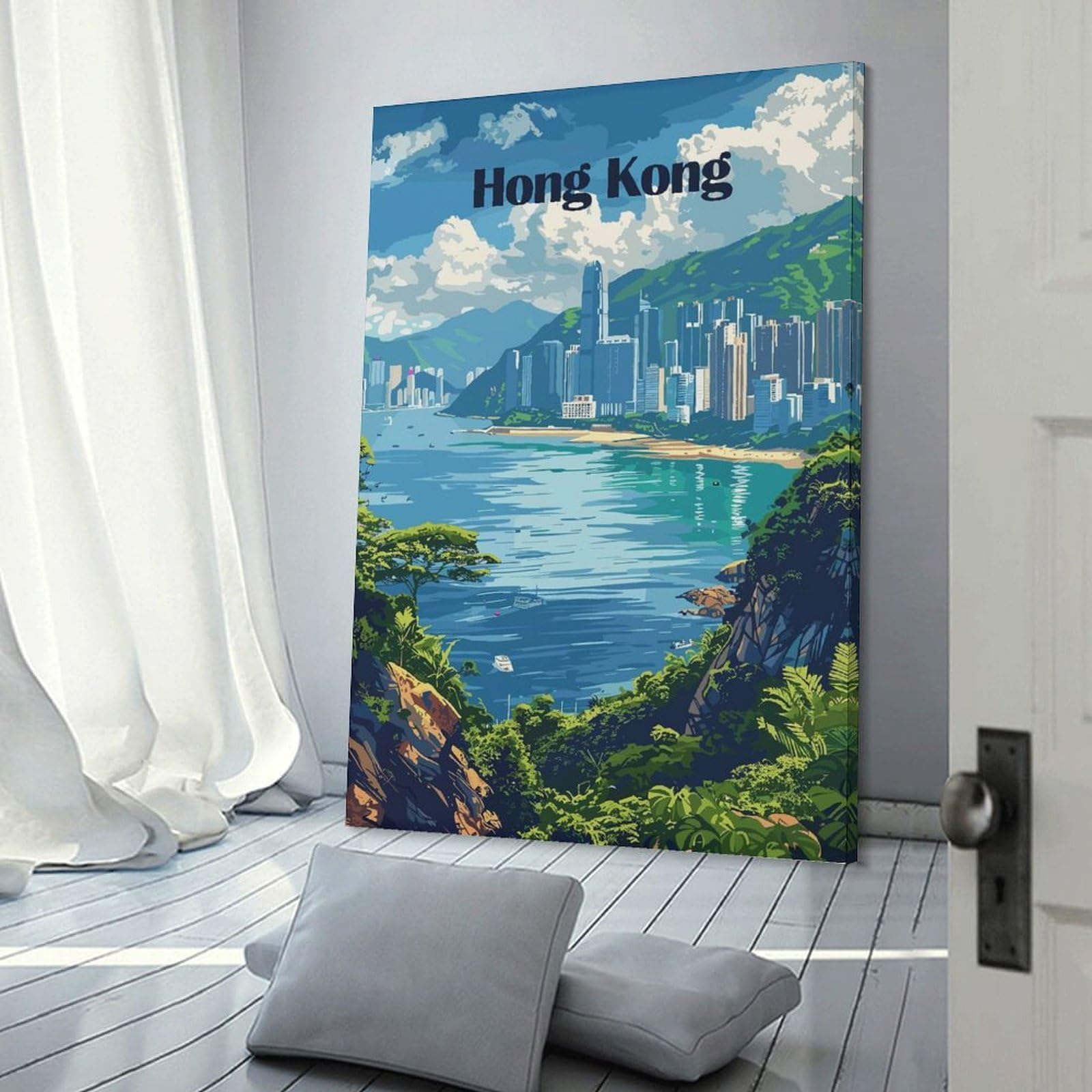 Junmoney Wall Art Print Hong Kong Cityscape Travel, 20x30inch(50x75cm), for Bedrooms, Workspaces And Everyday Interiors, Stylish Home Artwork for Focal Walls