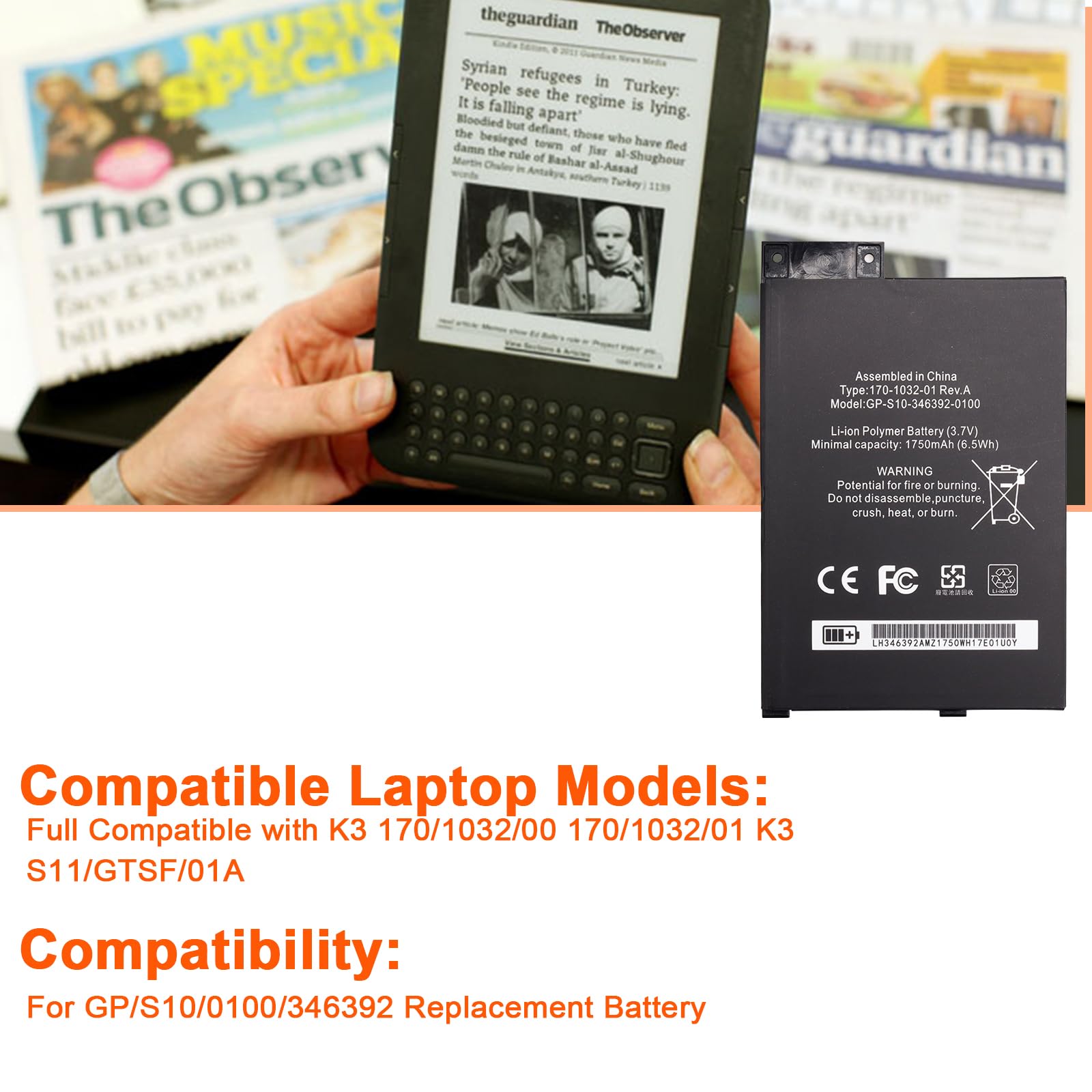 JIMACRO Batería GP-S10-346392-0100, E-Book E-Reader D00901 Teclado 3rd Generación K3 Batería S11GTSF01 170-1032-010 170-1032-00 Batería con 8 Herramientas de Reparación 3,7 V 6,5 WH 1750 mAh