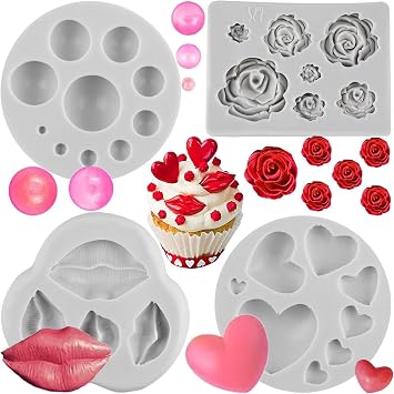 Sijiangmold Valentines Day Silicone Molds Chocolate Hearts Lips Beads Fondant Valentines Day Cake Decorating Cupcake Toppers Candy Chocolate Gum Paste Modelling Clay 4pcs