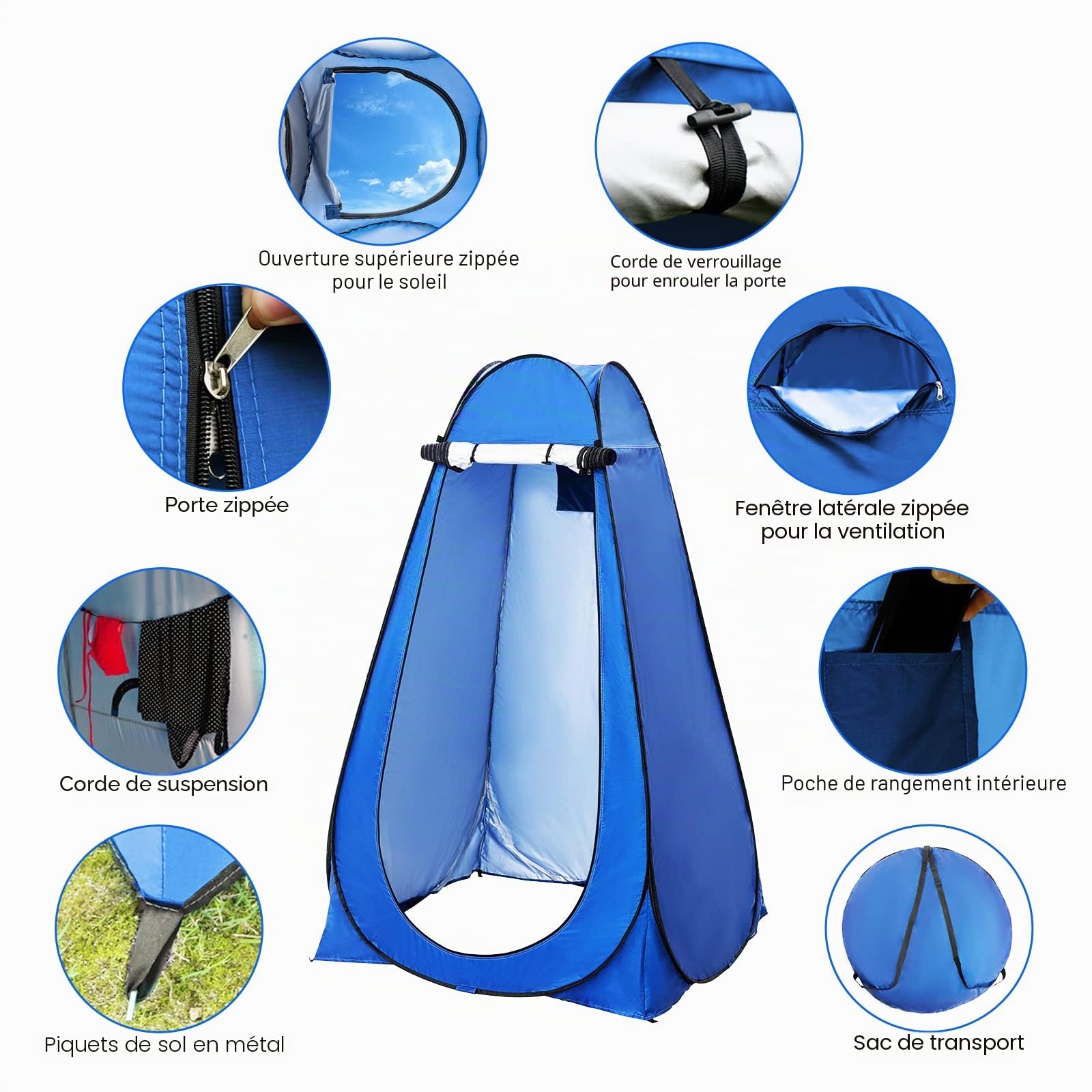 Tente de Douche Pop Up Toilette Cabinet de Changement Camping Abri de Plein Air Vestiaire Extérieure Intérieure Portable,Toilettes extérieures instantanées pour Camping randonnée Plage,Bleu
