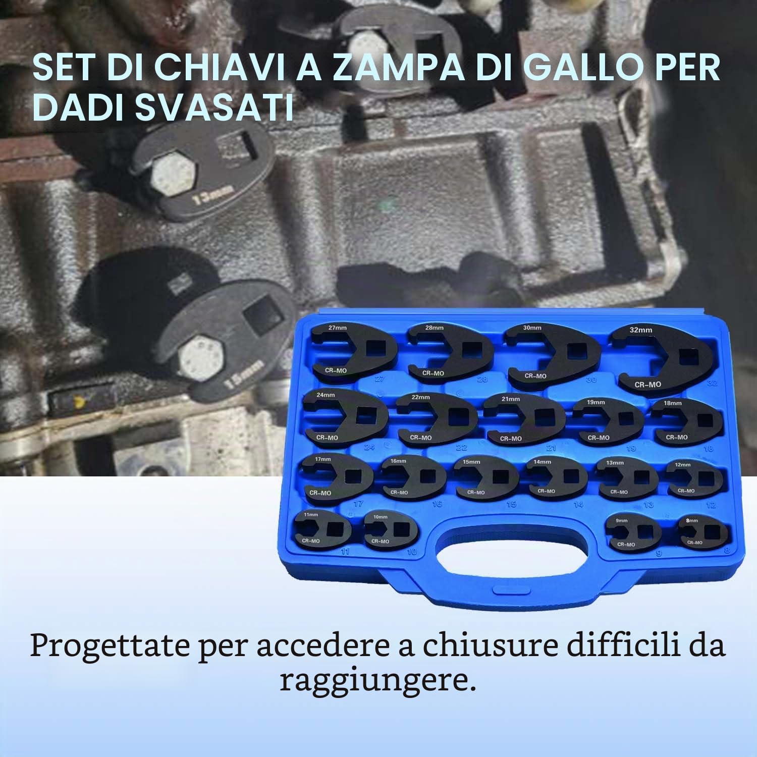 Set Chiavi a Piede di Porco (Crowfoot) 8-32mm Kit Chiavi a Bussola Aperte in Cr-Mo, per Spazi Ristretti, Auto e Moto, 3/8" e 1/2"
