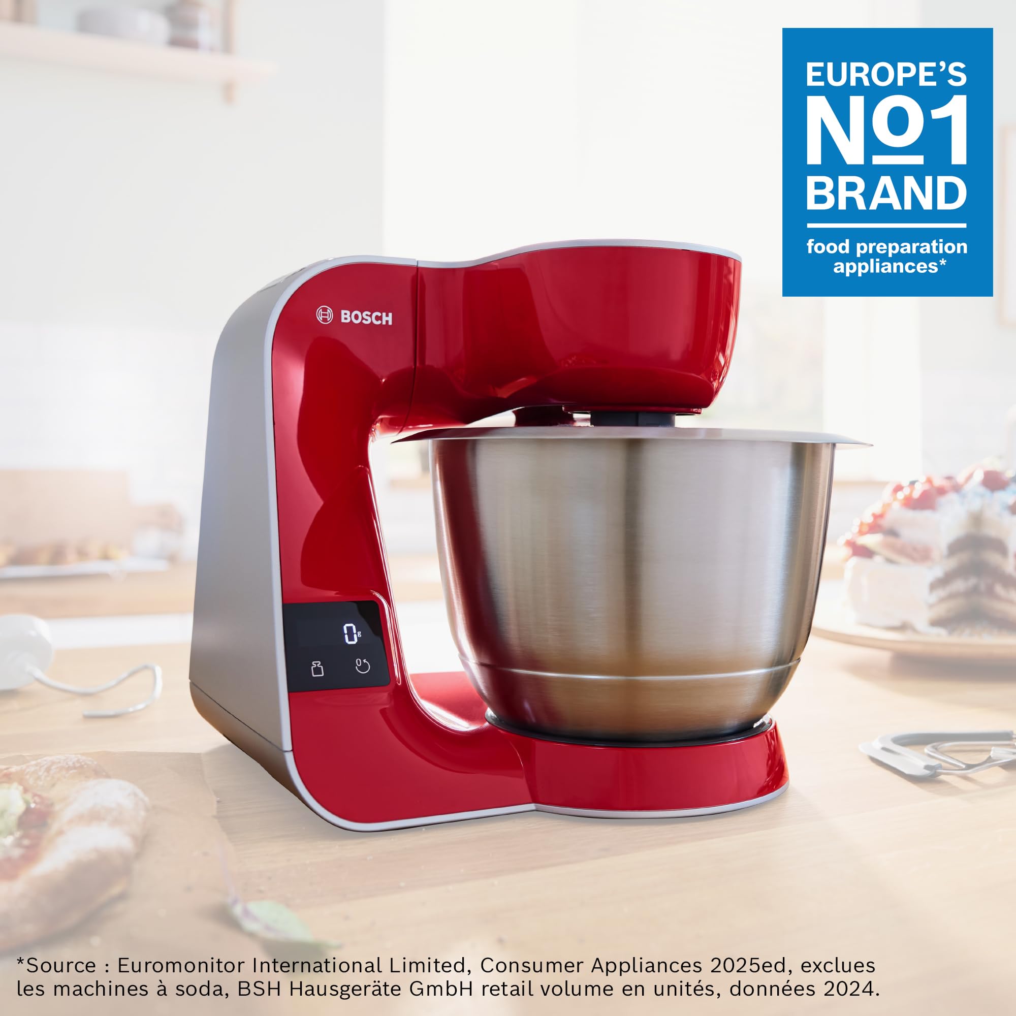 Bosch Küchenmaschine Serie 4, integrierte Waage, Edelstahl-Schüssel 3,9 L, Mixer 1,25 L, Kunststoff-Schüssel, spülmaschinenfest, 3x Rührelemente, Durchlaufschnitzler, 1000 W, Dunkelrot, MUM5X734