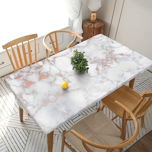 ADFSHIDS Mantel ajustable de mármol blanco y oro rosa para mesa rectangular, cubierta de mesa con bordes elásticos para interiores y exteriores, 30