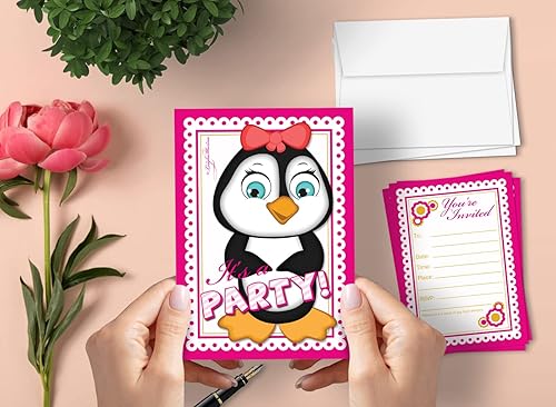 Miniatura 2 de Leigha Marina Tarjetas de invitación de fiesta de pingüinos para niñas, 20 invitaciones y 20 sobres, rellena las notas de felicitación en blanco,