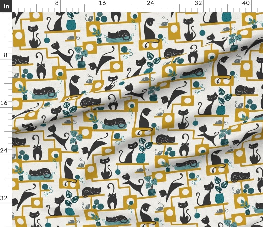 Spoonflower Fabric - Retro Black Cats Teal Animals Plants Mustard Gold Midcentury Printed on Petal Signature Cotton Fabric Fat Quarter - Sewing Quilting Apparel Crafts Decor