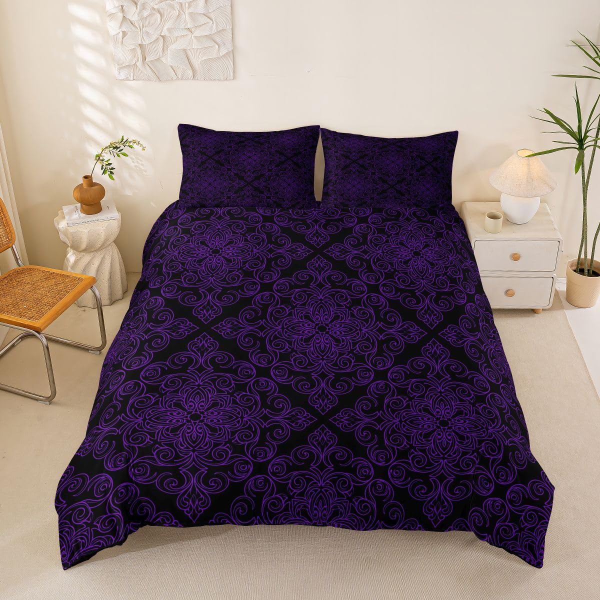 Homemissing Purple Damask Duvet Cover Set Cot Size for Kids Boys Girls Vintage Damask Floral Bedding Set Antique Victorian Baroque Duvet Cover with 1 Pillowcase Luxury Royal Bedding โ image 1