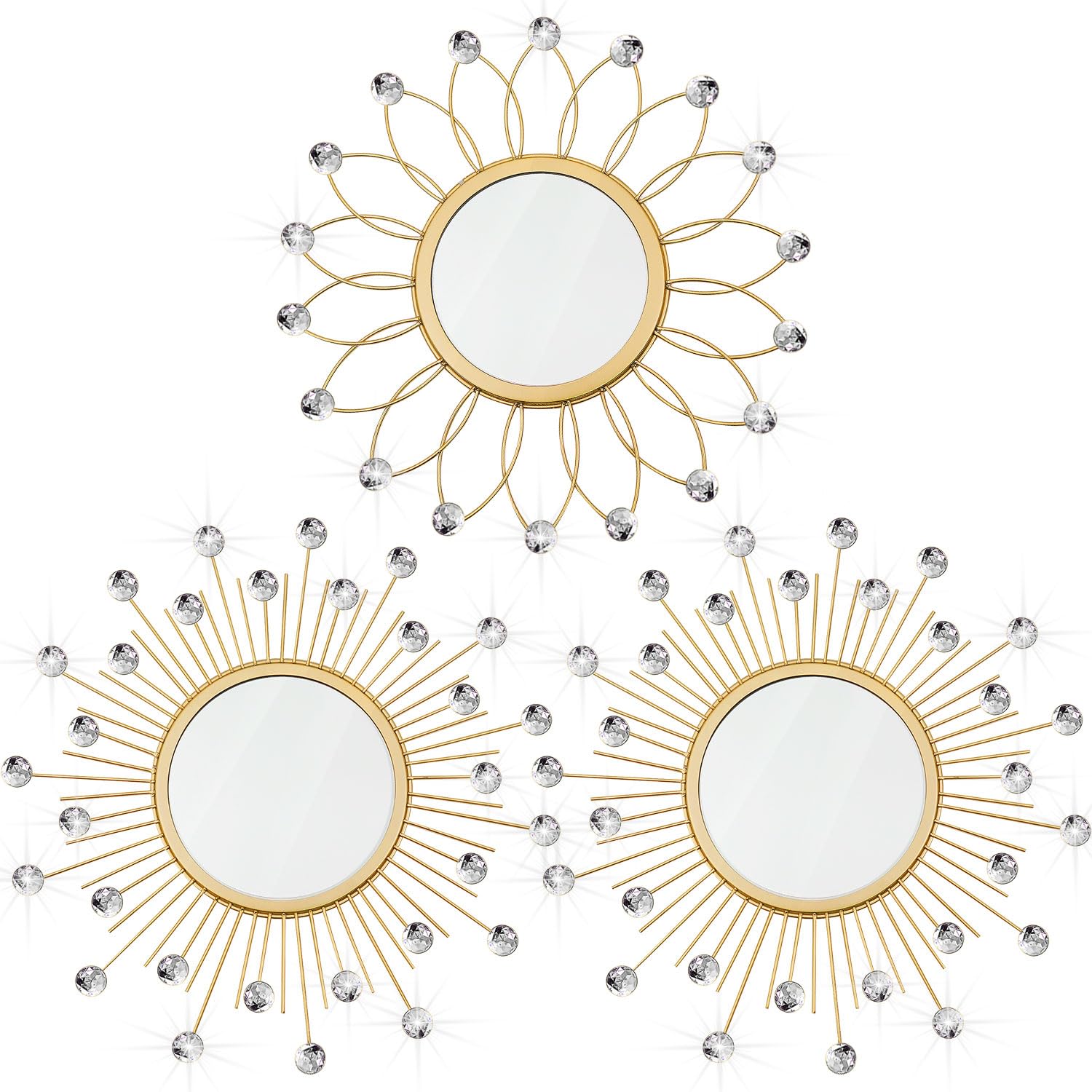 3 Pack Metal Mirrors for Wall Sunburst Wall Mirrors Home Décor Decorative Hanging Wall Art for Living Room Bedroom Entryway (Gold Crystal, Flower+