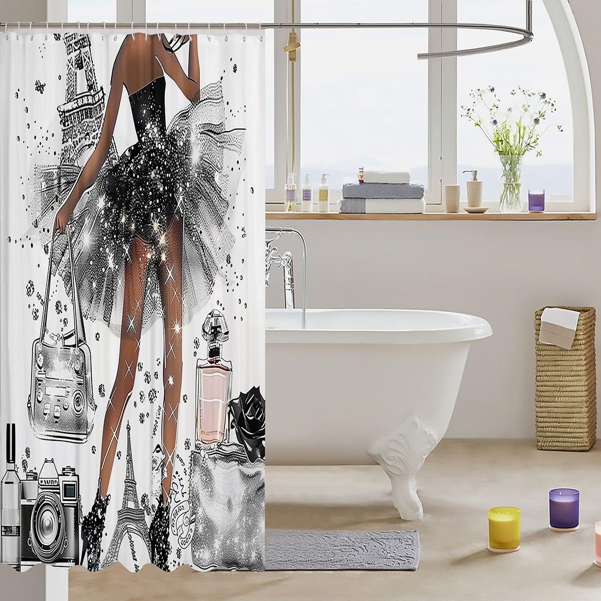Erosebridal Paris Shower Curtain | Romantic Women Dress Bath Curtain Camera Bag Eiffel Tower Bathroom Accessories Girly Modern Fashion Fabric Shower Curtains,72" Wx72 L image 3