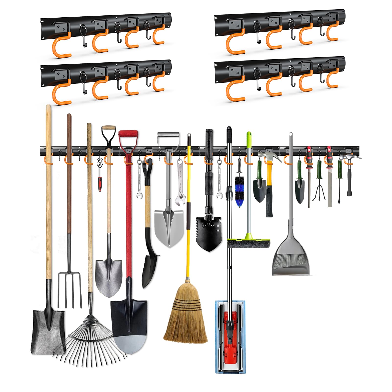 3-H Garden Tool Organizer 68 INCH All Metal, Tool Organizer 4 Racks with 12 Extra Small Hooks, Broom Holder Wall Mount for Warehouse, Basement, Workshop Organizing and hanging Rake,Mop,Shovel,Hose
