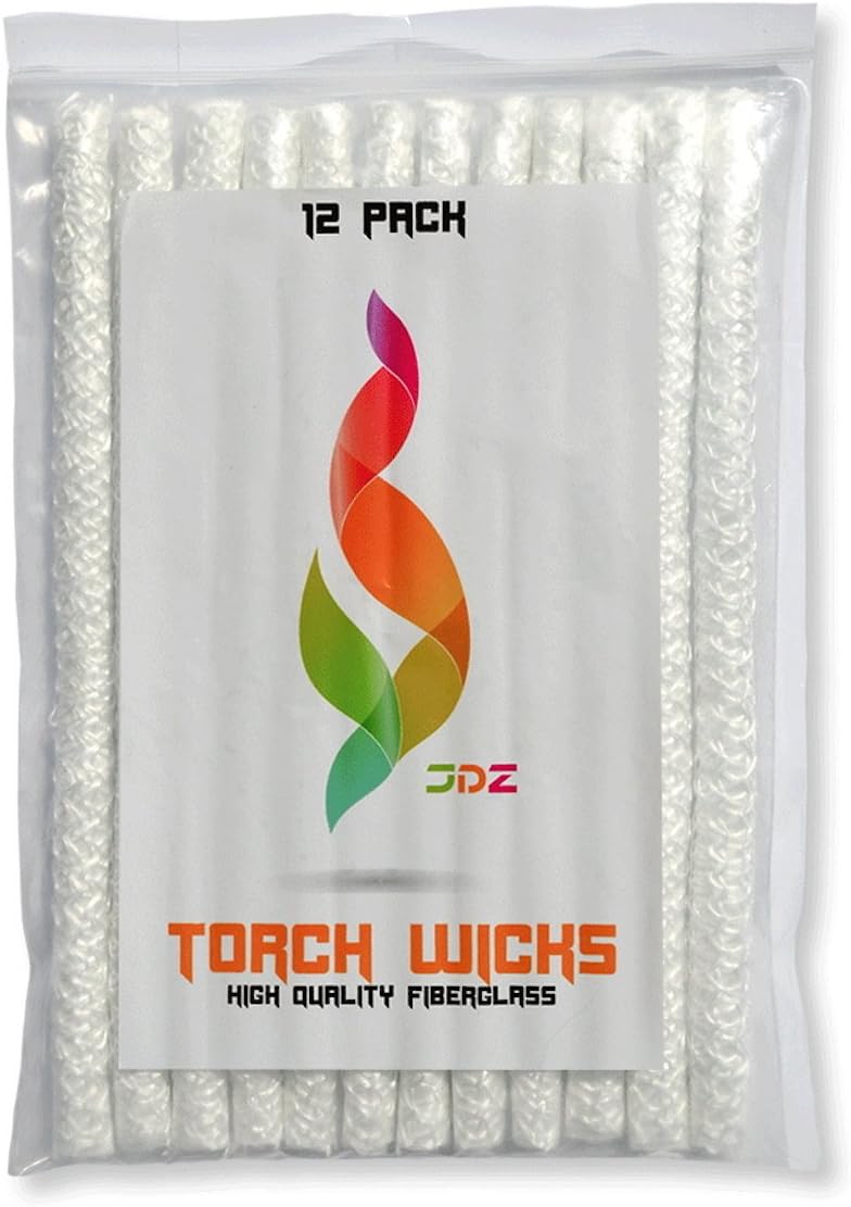 JDZ Brand Tiki Torch Replacement Wick 12 Pack 1/2 Inch by 10 Inch Reusable Fiberglass Wicks for Outdoor Patio Canister Torches and Glass Wine Bottle Oil Lamps